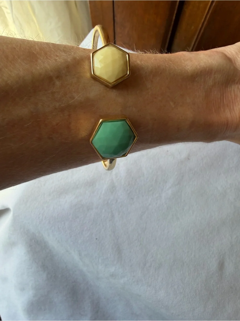 Kensie Gold Tone Faceted Stone Hexagon Open Cuff Bracelet Green Ivory